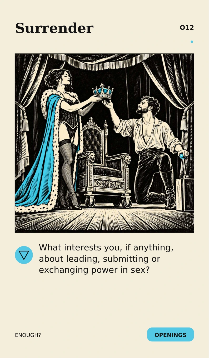 Surrender card: two performers exchange a crown beside a movable throne, with a question about erotic power.
